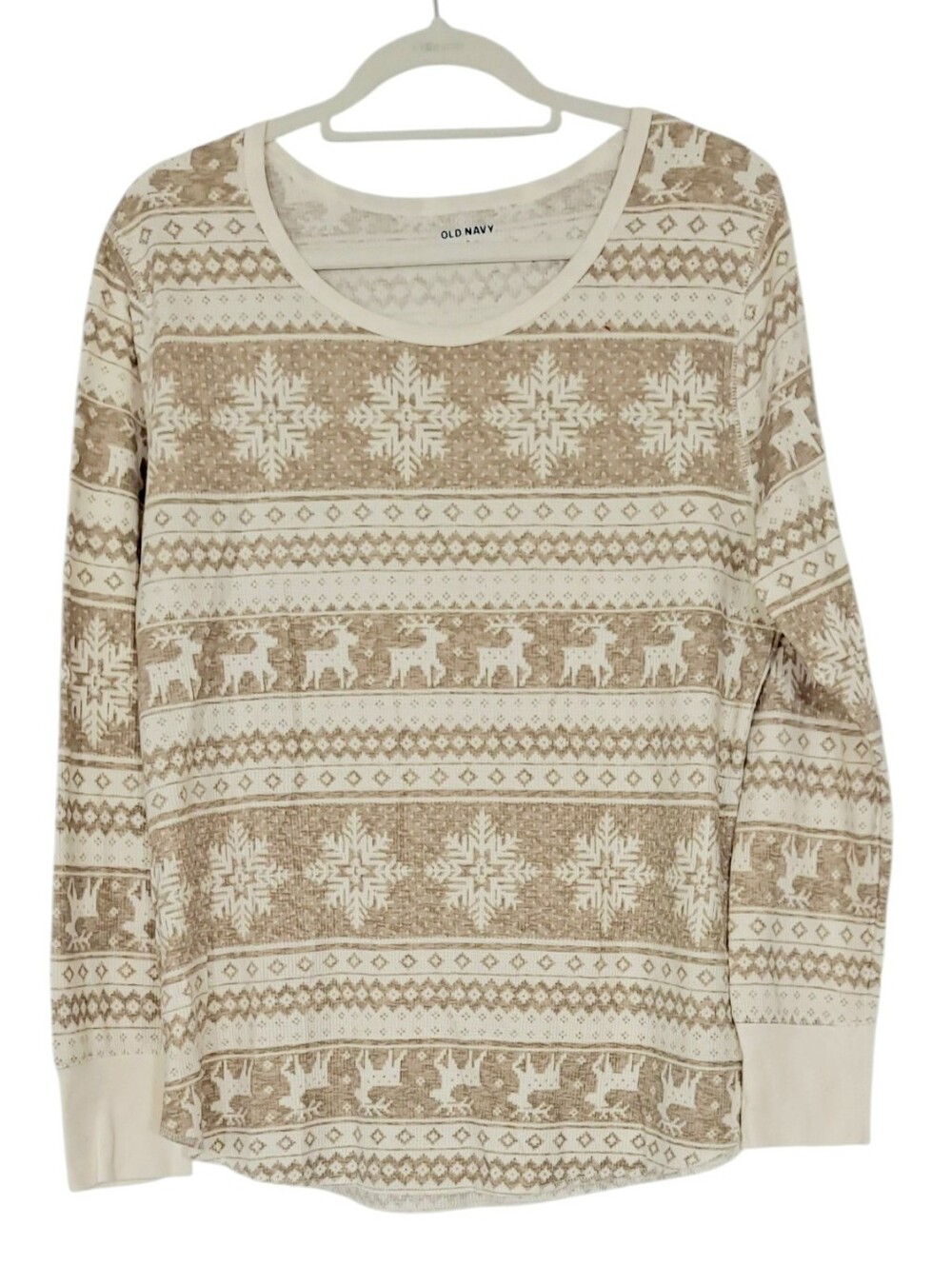 Old Navy Women's Thermal Knit Waffle Knit Fair Isle Deer Long Sleeve Top XL
